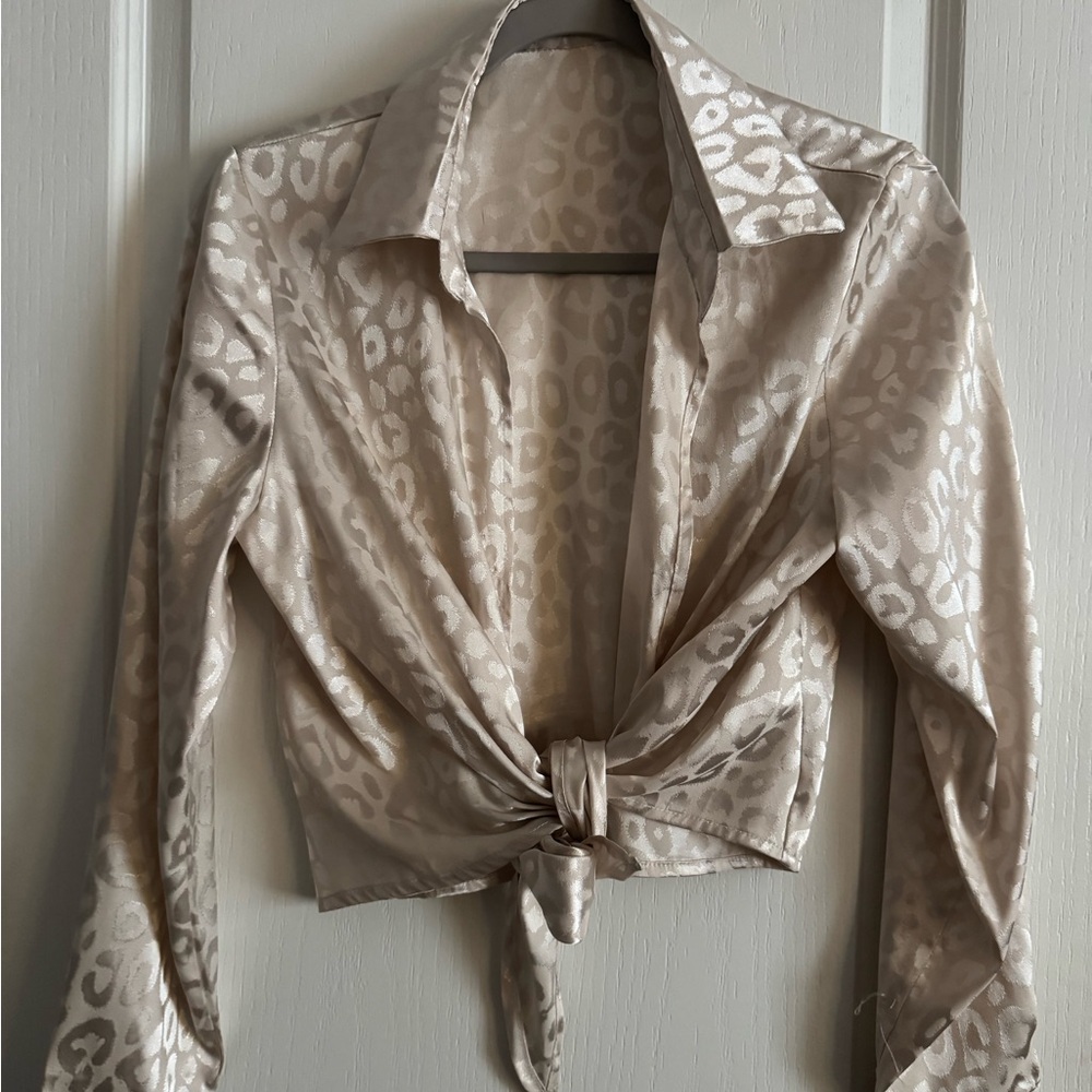 SHEIN Cream Leopard Satin Tie Blouse